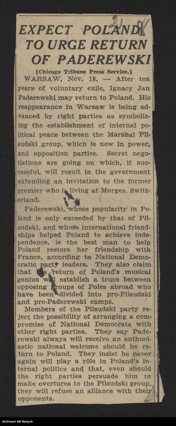 image.from.unit.number "Shuman W. J.; Załączniki: wycinek z "Chicago Tribune" pt. "Expect Poland to urge return of Paderewski"; L.1"