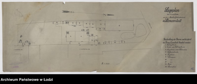 Obraz 1 z jednostki "Lageplan des Grundstückes an der Manteuffelstraße nr 1-3-5 in Litzmannstadt"