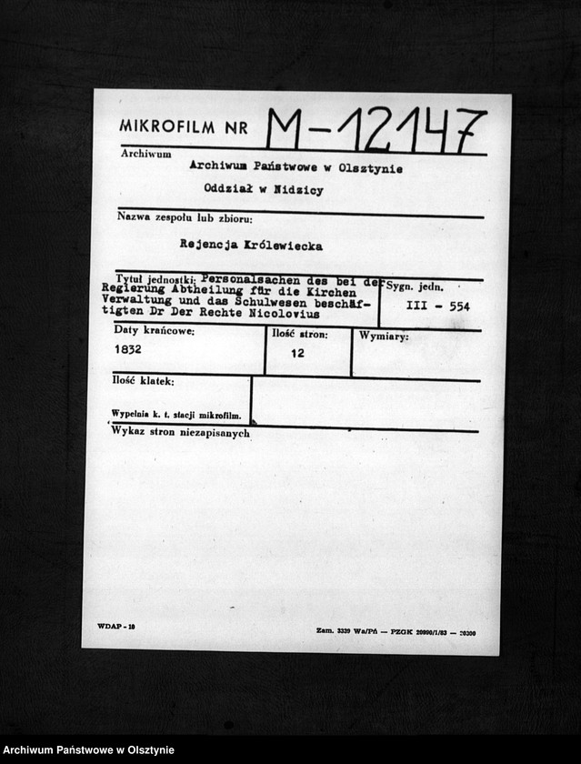 image.from.unit.number "Bei der Regirung Abtheilung für die Kirchen Verwaltung und das Schulwessen beschäftigten Dr. Der Rechte Nickolovius [Alfred]"