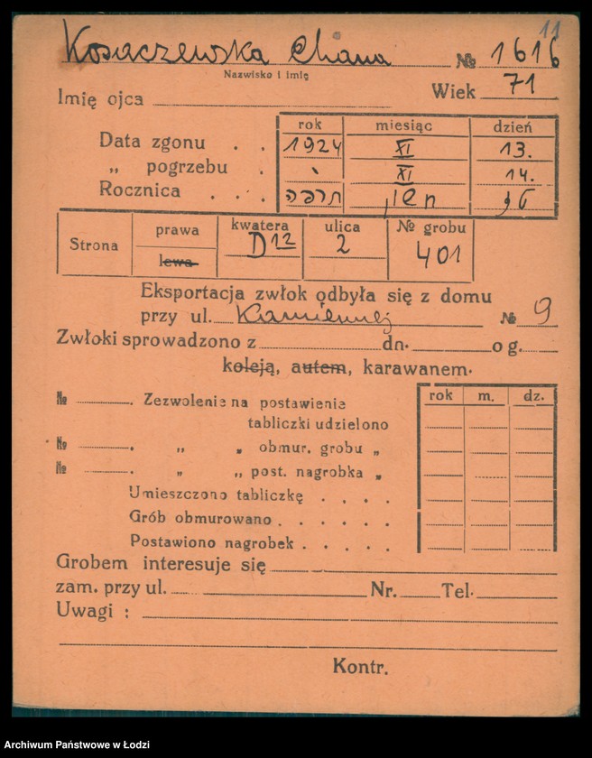 Obraz 12 z jednostki "Kartoteka osób pochowanych na cmentarzu żydowskim przy ulicy Brackiej w latach 1892-1959. Nazwiska na litery: Kos-Kra"