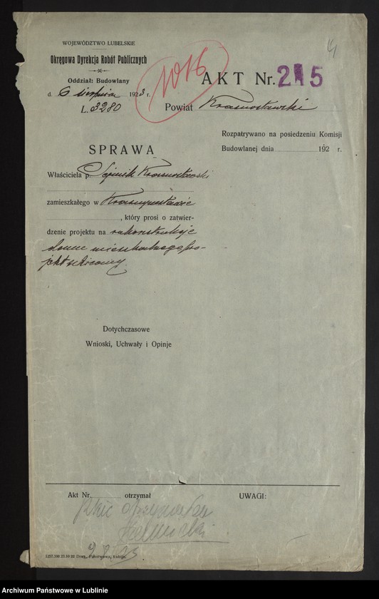 Obraz 10 z jednostki "[Projekt budowy domu dla sejmiku w Krasnymstawie]"