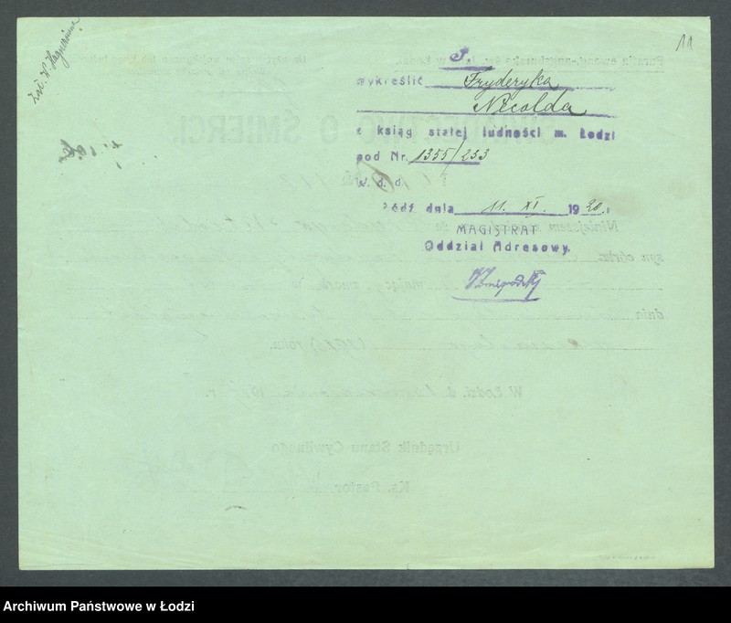 Obraz 13 z jednostki "Dowody metrykalne stałych mieszkańców m. Łodzi nr domu 1355-1356"