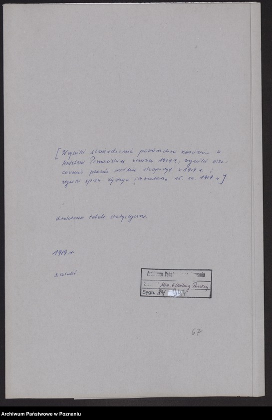 Obraz 2 z jednostki "[Wyniki stwierdzenia powierzchni zasiewów w Księstwie Pomorskim w czerwcu 1919 roku, wyniki oszacowania plonów roślin okopowych w 1919 roku i wyniki spisu żywego inwentarza 15 XII 1919 roku]"