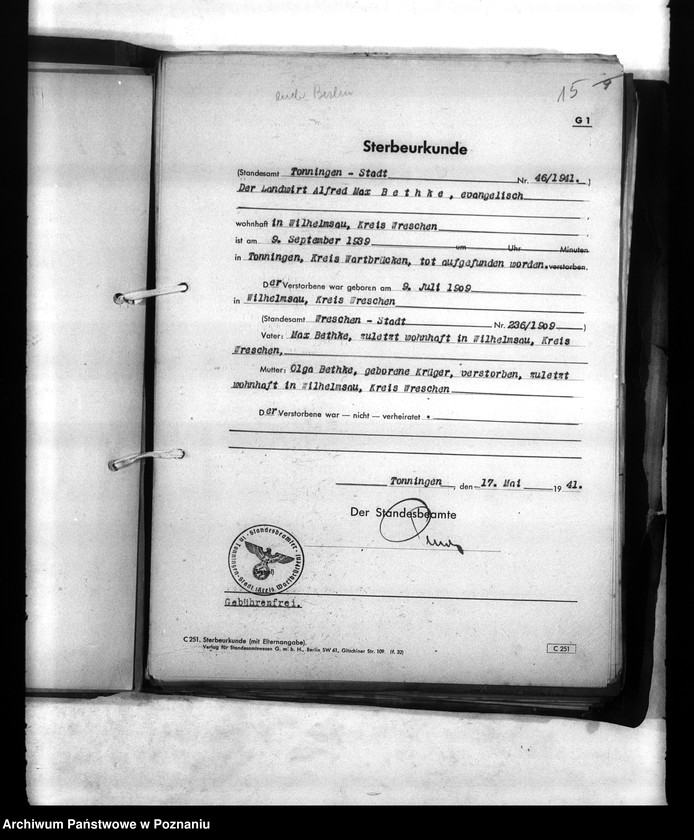 Obraz 19 z jednostki "Wykazy miejscowych Niemców, którzy zginęli w 1939 roku. Kreis Warthbrüchen (Koło)"