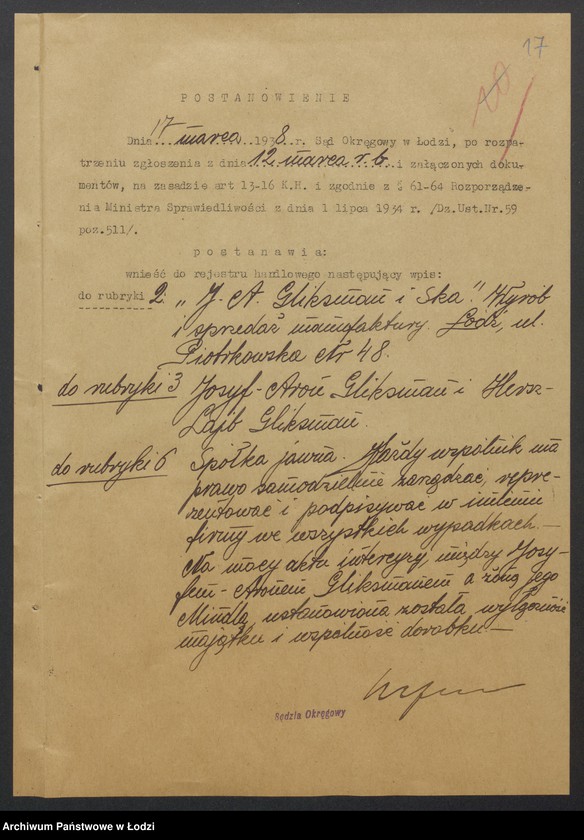 Obraz 19 z jednostki "Josyf Aron Gliksman, Hersz Lajb Gliksman- wyrób i sprzedaż manufaktury"