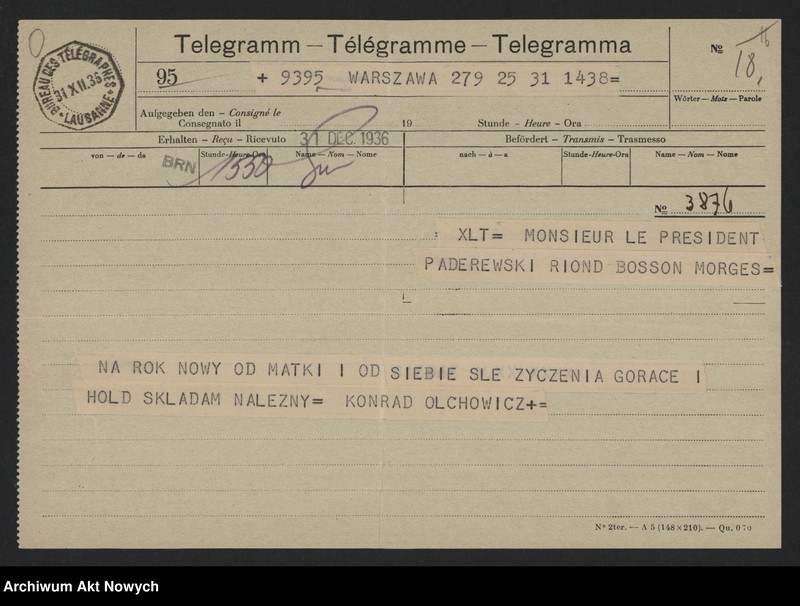 image.from.unit.number "Olchowicz Konrad (redaktor naczelny "Kuriera Warszawskiego"); Załączniki: telegramy do M. Borzęckiego i J. Piątkowskiej - Lübke; L.24 (odpowiedzi - rękopisy, maszynopisy)"