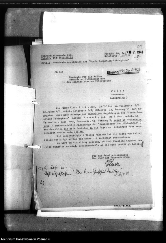 Obraz 15 z jednostki "Wehrkreiskommander VIII - Breslau, Korespondencja z Werhrkreiskommand VIII we Wrocławiu w sprawie członków "Sonderformatin Ebbinghaus""