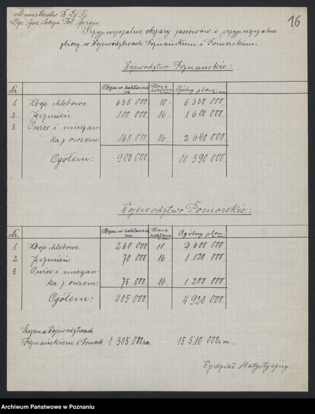 Obraz 15 z jednostki "[Wyniki oszacowania plonów roślin kłosowych, okopowych i strączkowych w Księstwie Poznańskim w 1919 roku], stan ziemiopłodów i plony w 1920 roku"