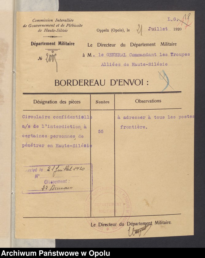 Obraz 20 z jednostki "Commandement Superieur des Forces Alliees en Haute-Silesie-Entrees /Korespondencja wpływająca pochodząca od władz wyższych i jednostek podległych/ 29.06.1920 - 30.10.1920"
