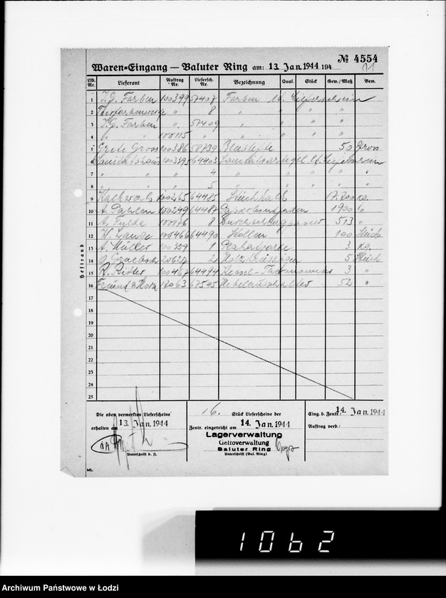 Obraz 15 z jednostki "Waren-Eingang. Baluter Ring [Dzienne zestawienia faktur na towary dostarczane do składów Getta na Bałuckim Rynku]"