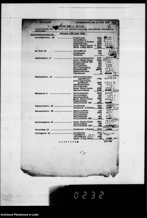 Obraz 20 z jednostki "Korrespondenz betr.Versicherung der im Getto zur Konfektionierung umlaufenden Wehrmachtsuniformen und Aufstellung über ausgeführte Transporte."