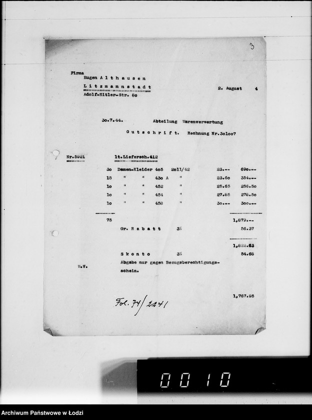 Obraz 8 z jednostki "Ausgehende Rechnungen [za dostawy towarów dla Getta]"