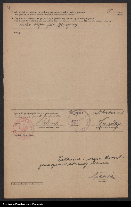 Obraz 5 z jednostki "[Kwestionariusze dotyczące stwierdzenia gruntów znajdujących się po polskiej stronie pogranicza a zarządzanych przez zamieszkałych po stronie niemieckiej] powiat chojnicki"