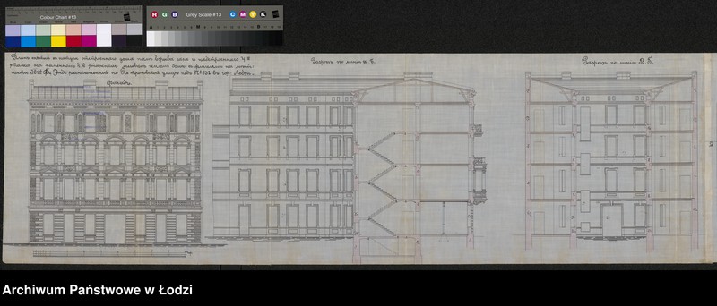 Obraz 15 z jednostki "O postrojkě Ferdinandom˝ Ênde v˝ g[orode] Lodzi kamennago 3h˝ êtažnago licevago doma i nadstrojkě 4-go êtaža na tom˝-že domě s˝ dvumâ takimi-že fligelâmi"