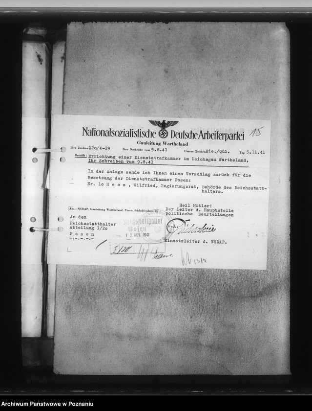 Obraz 20 z jednostki "Zarządzenia i korespondencja w sprawie organizacji Dienstarafkammer Posen"