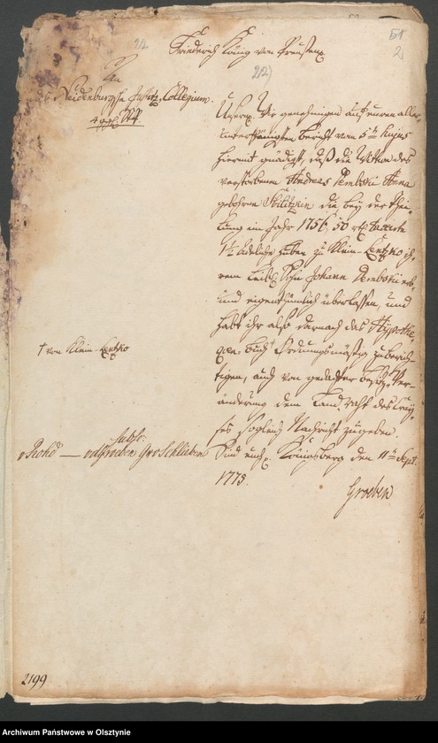 image.from.unit.number "In S. [Sachen] der Wittwe des verstorbenen Andreas Dembski Anna geb. [geborene] Sbilitzkin/ Zbilitzkin wegen der ihrem leibl. [leibliche] Sohn dem Johann Dembski erb und eigenthümlich überlassenen 1 1/2 adel. [adeliche] Hube zu Kl. [Klein] Lentzko [Mały Łęck]"