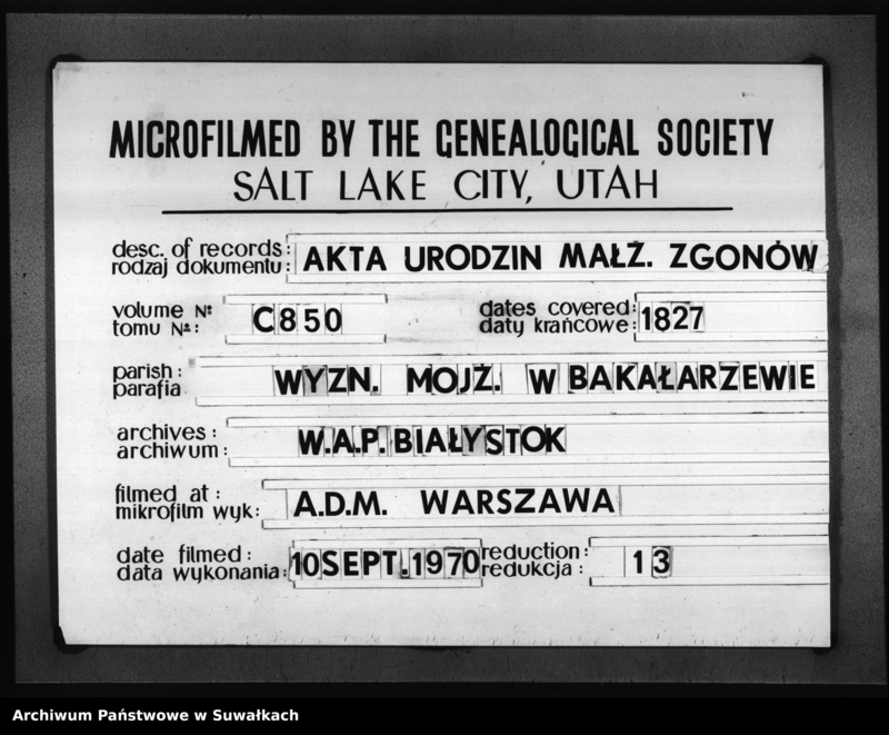 image.from.unit.number "Akta Urodzonych, Umarłych i Zaślubionych Urzędnika Stanu Cywilnego Wyznania Mojżeszowego Okręgu Bakałarzewo pro 1827"