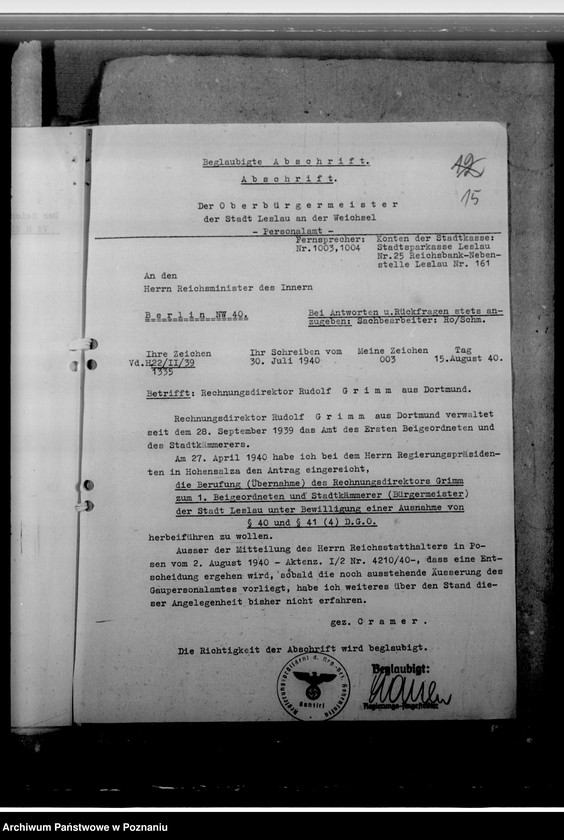 Obraz 20 z jednostki "Grimm, Rudolf - Bürgermeister in Leslau (Włocławek)"