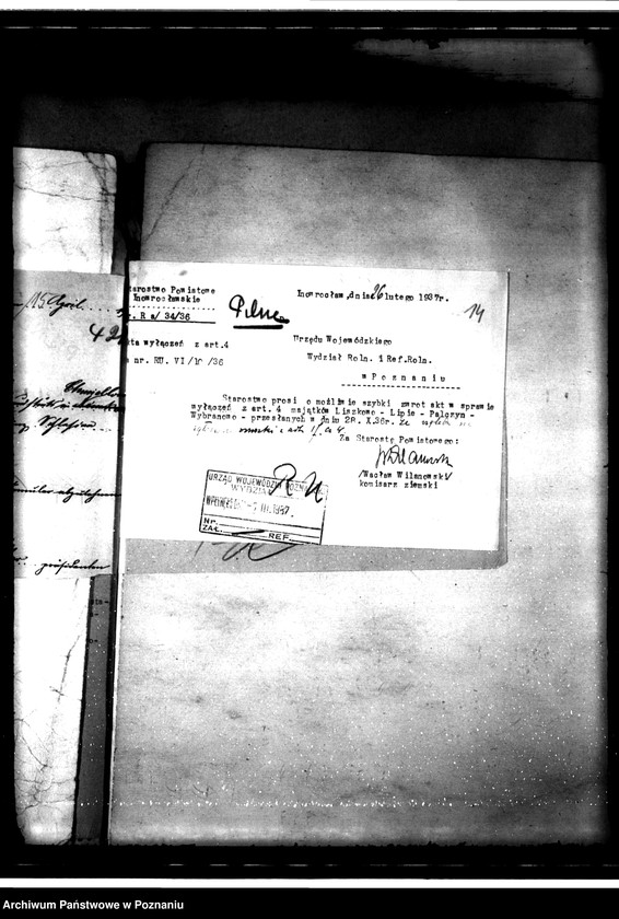 Obraz 18 z jednostki "Sprawy ogólne dotyczące wyłączeń z art.. 4 i 5 ustawy o wykonaniu reformy rolnej z terenu powiatu inowrocławskiego"