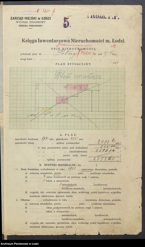 Obraz 4 z jednostki "Księga inwentarzowa nieruchomości m. Łodzi ul. Polna"