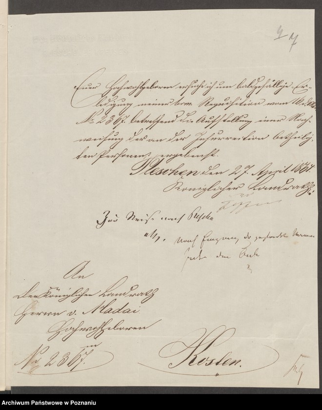 image.from.unit.number "Acta generalia des Oberpäsidialkommissars Landrat von Madai zu Kosten betreffend die Verfolgung der polnisch-revolutionären Umtriebe im Kreise Pleschen /Pleszew/."