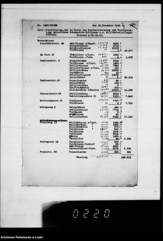 Obraz 8 z jednostki "Korrespondenz betr.Versicherung der im Getto zur Konfektionierung umlaufenden Wehrmachtsuniformen und Aufstellung über ausgeführte Transporte."