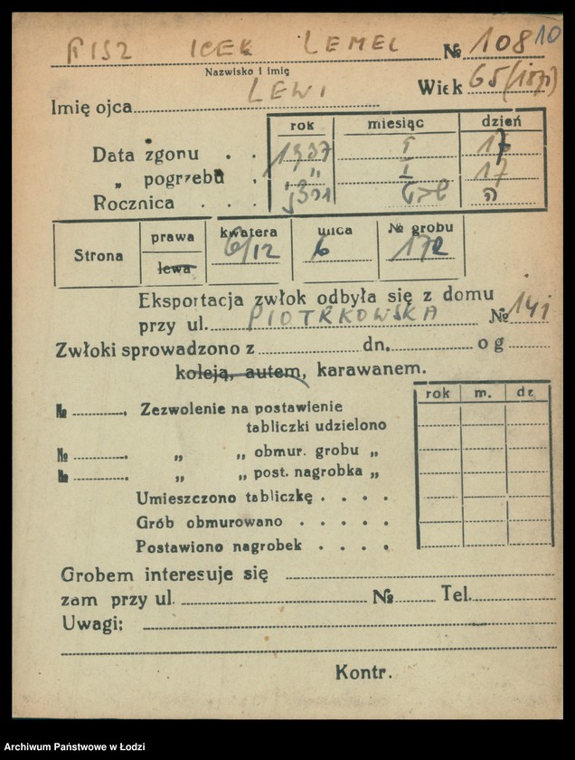 Obraz 11 z jednostki "Kartoteka osób pochowanych na cmentarzu żydowskim przy ulicy Brackiej w latach 1892-1957. Nazwiska na litery: Fisz-For"