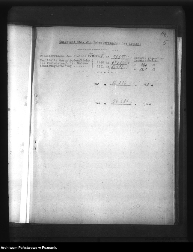 Obraz 9 z jednostki "Gegenüberstellung der ermittelten Wirtschaftsfläche zur Katasterfläche mit Regierungs- und Gauergebnis"