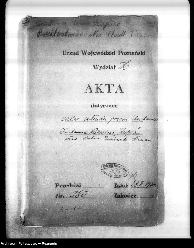 Obraz 4 z jednostki "Zatwierdzenie zakładu przemysłowego /drukarni/ Drukarnia Nakładowa Kupca"