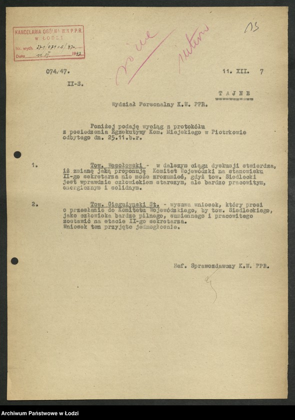 Obraz 14 z jednostki "[Wyciągi] Referatu Sprawozdawczego [dla wydziałów i Komisji Kontroli Partyjnej z protokołów zebrań i sprawozdań instruktorów]"