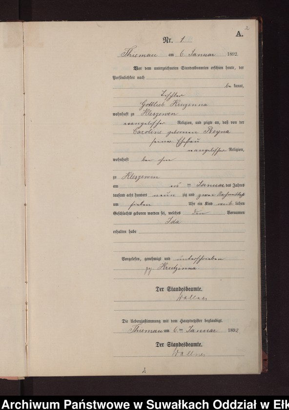 image.from.unit.number "Geburts-Neben-Register des Preussischen Standes-Amtes Rydzewen Kreis Loetzen"