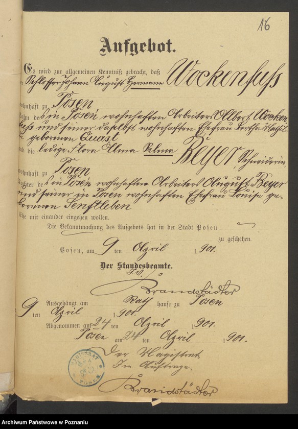 Obraz 17 z jednostki "Die von den Verlobten beigebrachten Urkunden zur Eheschliessung pro 1901. Vol VI"