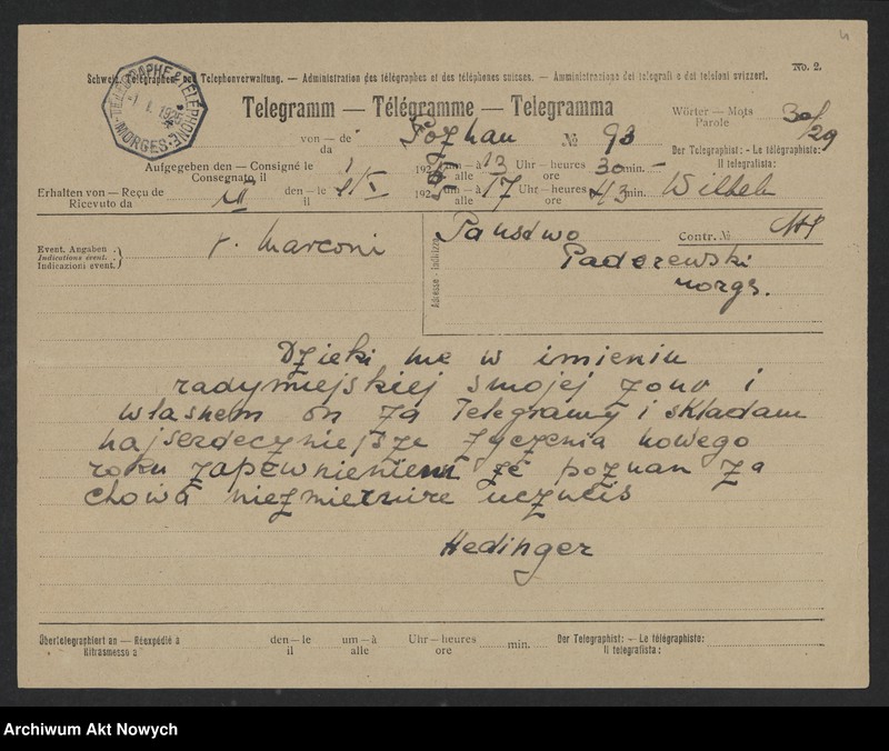 image.from.unit.number "Władze miejskie m. Poznania; Załączniki: a) zaproszenia; b) telegramy C. Ratajskiego (prez. m. Poznania) do E. B. Wilson (żony prez. W. Wilsona) i gen. Pershinga (rękopisy I. Paderewskiego dla C. Ratajskiego); c) telegramy E. B. Wilson, gen. I. Pershing