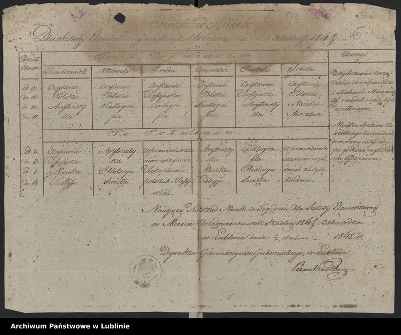 image.from.collection.number "Rozkład zajęć Szkoły Elementarnej w Urzędowie (1836-1861)111"