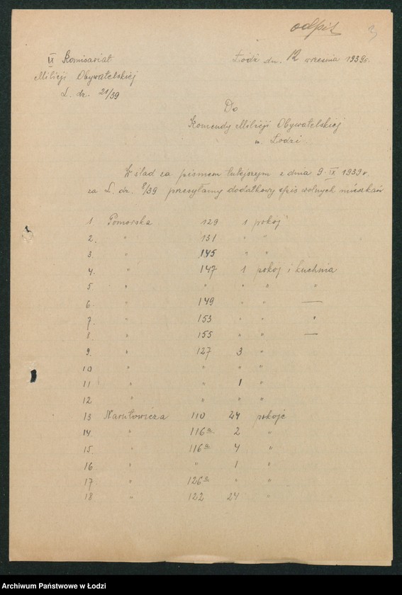 Obraz 5 z jednostki "[Akta IX Komisariatu Milicji Obywatelskiej - pokwitowania, spisy oddanej broni, spisy wolnych lokali, rowerów i motocykli]"