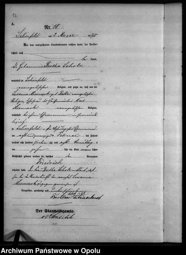 Obraz 13 z jednostki "Geburts-Haupt-Register Standesamts Schönfeld pro 1878"