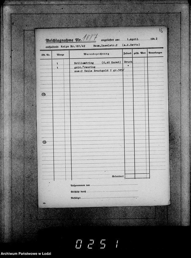 Obraz 20 z jednostki "Kripo 911-1100 [Kartoteka skonfiskowanego majątku ruchomego u Żydów]"