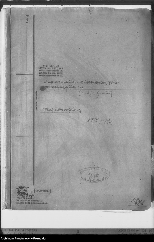 Obraz 4 z jednostki "Dienstwohngebäude - Reichsstatthalter Posen. Wirtschaftsgebäude 1 - 4 (nad jeziorem Góreckim) Massenberechnung"