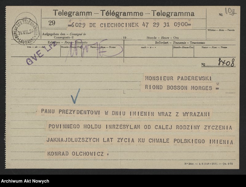 image.from.unit.number "Olchowicz Konrad (redaktor naczelny "Kuriera Warszawskiego"); Załączniki: telegramy do M. Borzęckiego i J. Piątkowskiej - Lübke; L.24 (odpowiedzi - rękopisy, maszynopisy)"