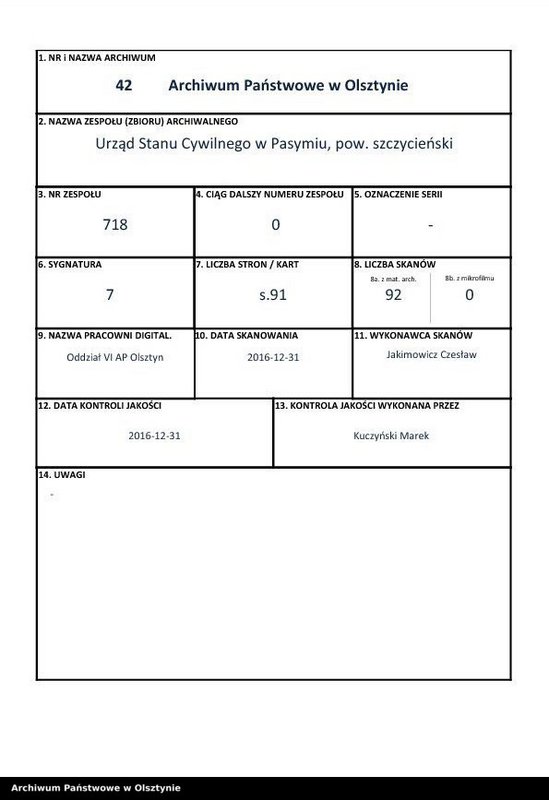 Obraz z zespołu "Urząd Stanu Cywilnego w Pasymiu (miasto) pow. szczycieński"