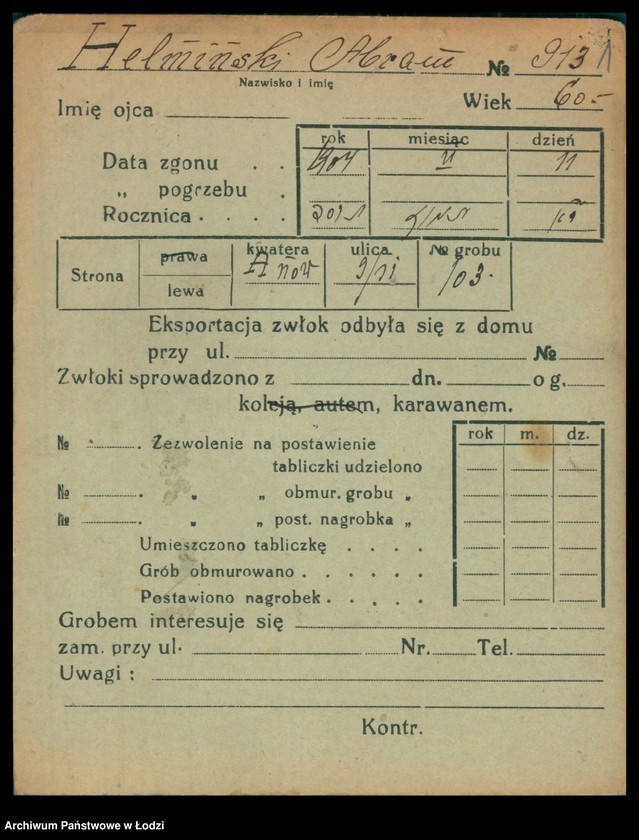 Obraz 2 z jednostki "Kartoteka osób pochowanych na cmentarzu żydowskim przy ulicy Brackiej w latach 1892-1955. Nazwiska na litery: Helmi-Hey"