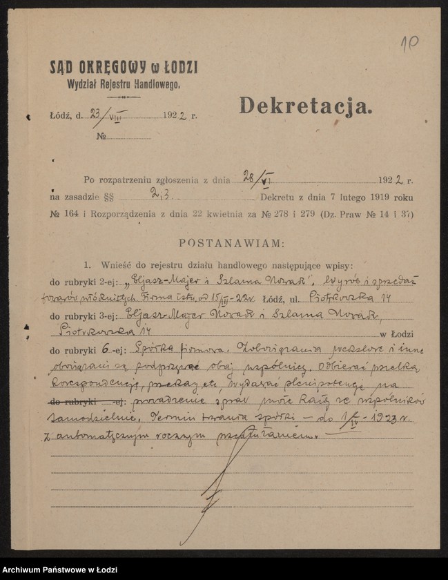 Obraz 12 z jednostki "Eljasz i Majer Nowak- wyrób i sprzedaż towarów włóknistych"