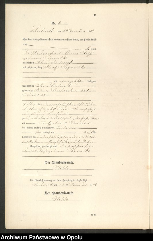 image.from.unit.number "Sterbe-Register (Neben-Register) Standesamt Leubusch 1909"