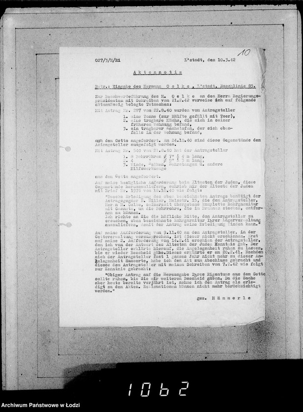 Obraz 14 z jednostki "286-320 [Wnioski ludności nieżydowskiej wysiedlonej z Getta o zwrot rzeczy pozostawionych w dawnym miejscu zamieszkania]"