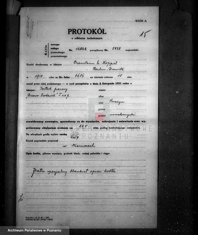 Obraz 19 z jednostki "Tartak parowy w Porażynie, pow. nowotomyski nr woj. kotła 5828"