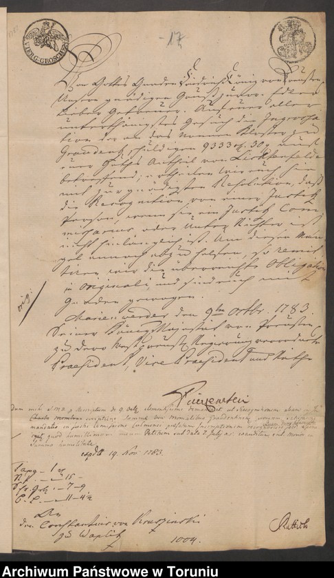 image.from.unit.number "Fundacja dla klasztoru benedyktynek w Grudziądzu na dobrach Lichtenfeld zapisana przez Antoniego Kruszyńskiego (1120 pruskiej monety) pokwitowania odbioru, spory"