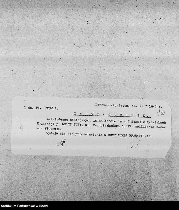 Obraz 15 z jednostki "[Kopie zaświadczeń dla pracowników Wydziałów Ewidencji o zatrudnieniu, wysokości poborów, potrąceniach za komorne, przydziałach żywnościowych i inne]"