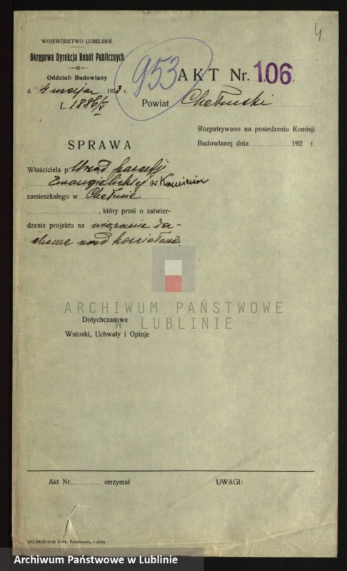 image.from.unit.number "[Projekt konstrukcji dachowej na kościele ewangelickim w Kamieniu, pow. Chełmski]"