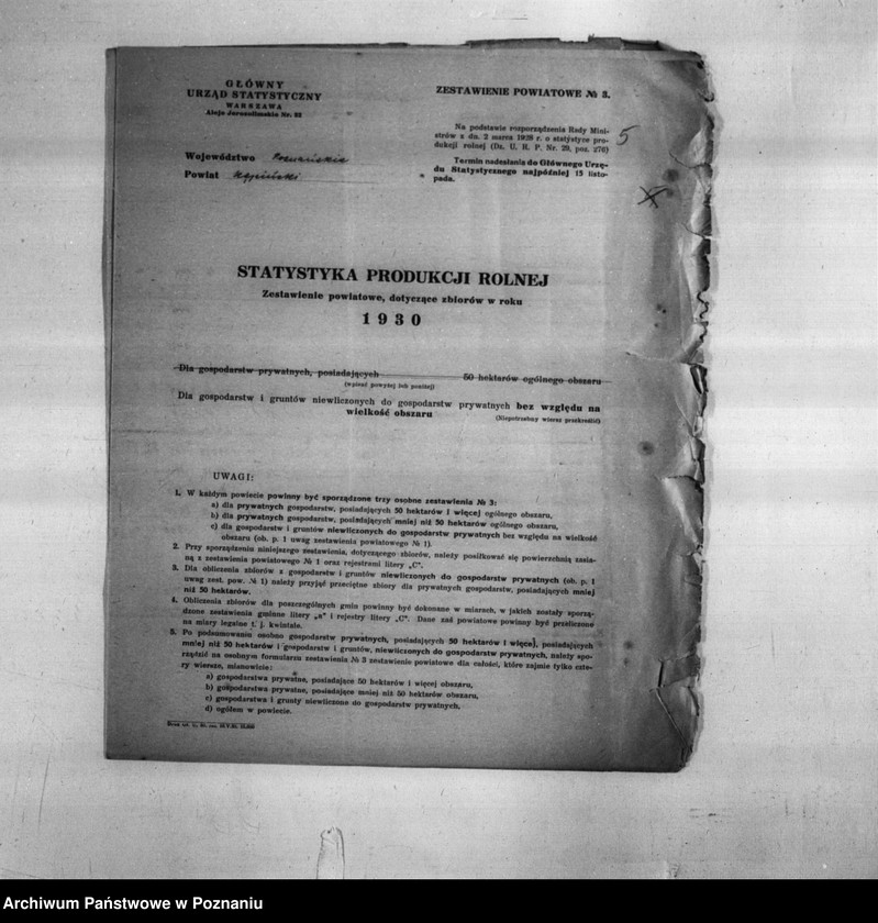 Obraz 7 z jednostki "/Statystyka produkcji rolnej - zestawienie zbiorów z 1930 r. z terenu powiatu kępińskiego/"