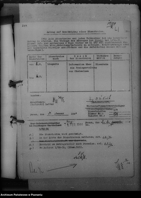 Obraz 8 z jednostki "Genehmigungen der Dienstreisen / Archivgut - Bytyn, Ceradz, Tarnowo, Starpel / i inne wyjazdy służbowe"